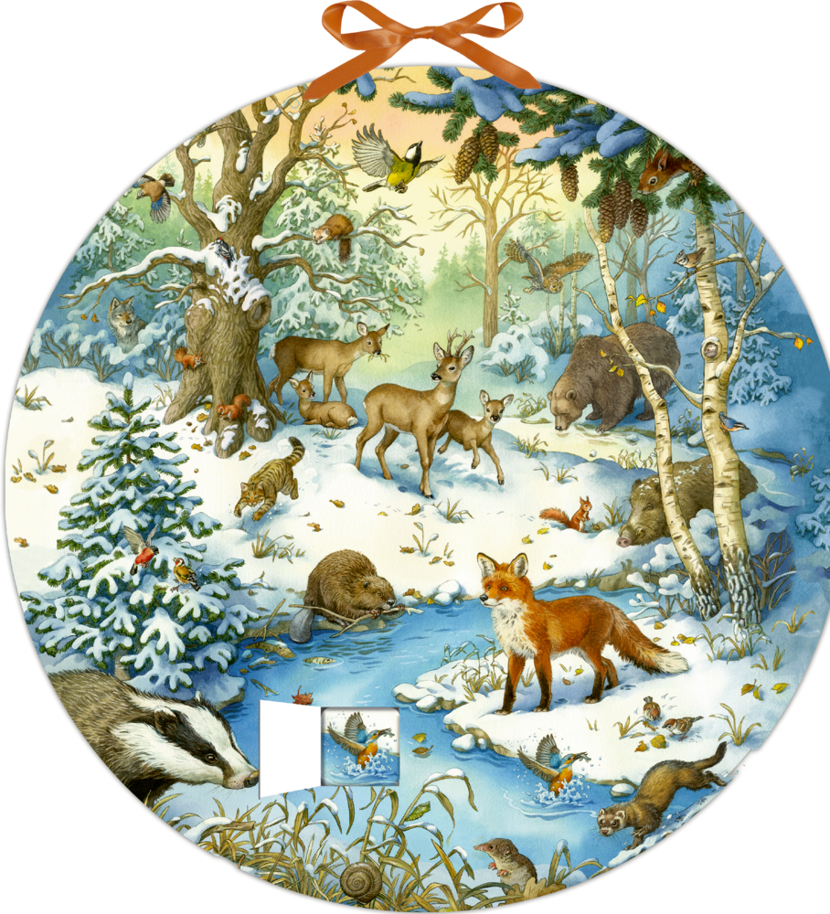Runde Illustration von Waldtieren im Winter – Fuchs, Hirsch, Bär und Vögel – in einer verschneiten Waldszene.