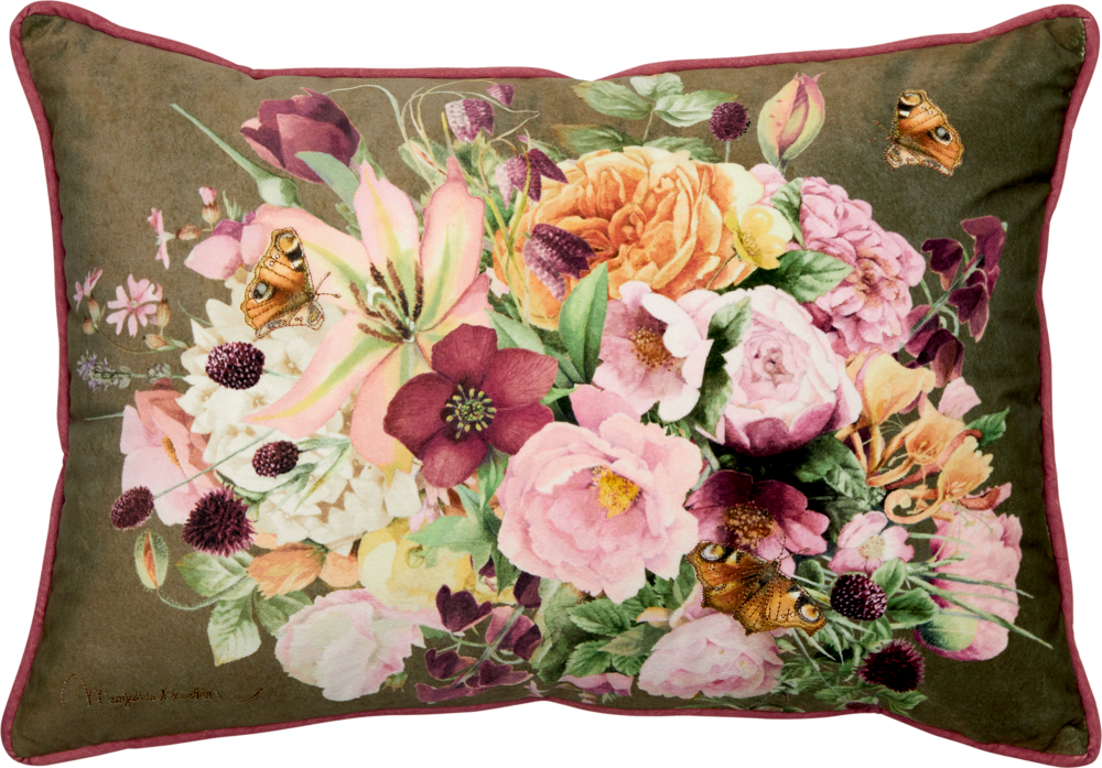 Rechteckiges Kissen mit rosa, lila und gelben Blumen und Schmetterlingen auf grünem Hintergrund.