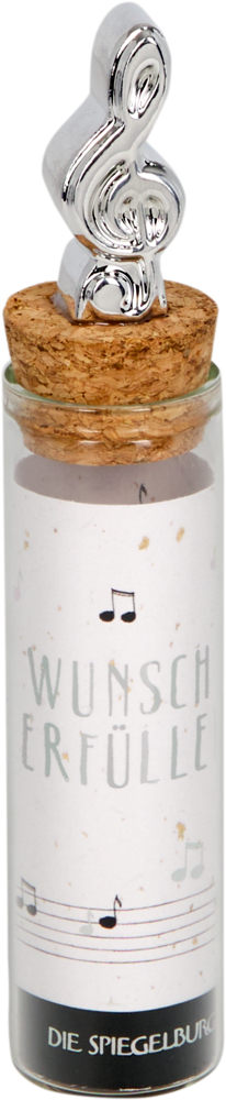 Glasgefäß mit Korken, Musiknoten-Topper, Etikett mit Aufschrift "Wunscherfüller" und Musiknoten.
