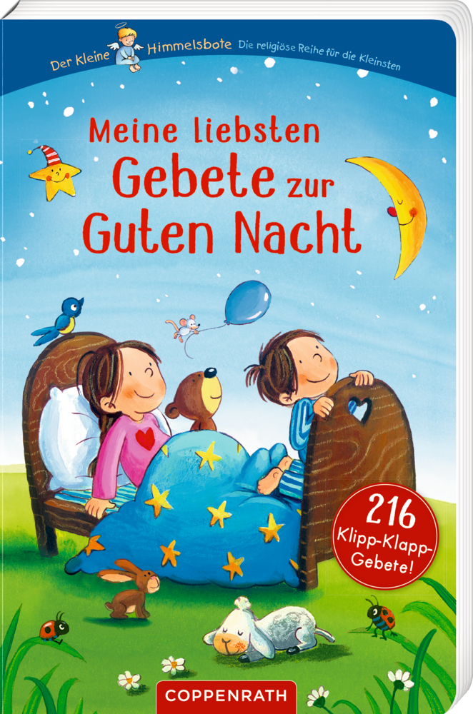Meine liebsten Gebete zur Guten Nacht (Der kleine Himmelsbote) - 216 Klipp-Klapp-Gebete Zwei Kinder lächelnd im Bett, umgeben von Sternen, Mond und Spielzeug, unter dem Titel des Buches „Gebete zur guten Nacht“.