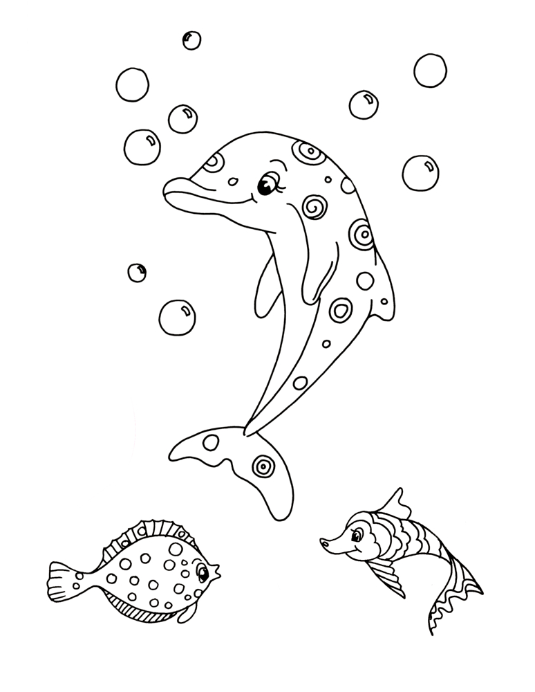 Linienzeichnung mit einem Delfin und Luftblasen, darunter zwei kleinere, gemusterte Fische.