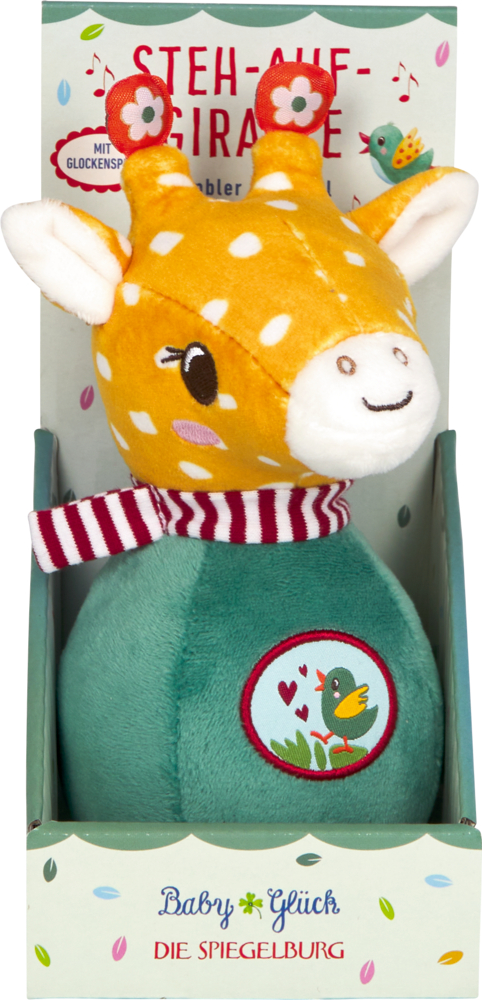 Plüschgiraffe mit lächelndem Gesicht in grünem Karton, verziert mit Vogel- und Blumendesign.