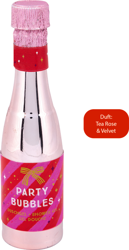 Rosafarbene glänzende Duschgelflasche in Form einer Sektflasche mit pinker Folie und rotem Etikett mit der Aufschrift „Party Bubbles“.