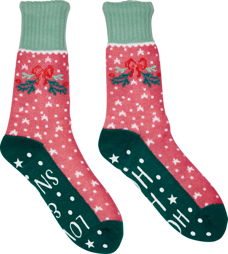 Rosa Weihnachtssocken mit dunkelgrünen Zehen/Fersen, Stechpalmen- und Schleifendesign am Bund sowie rutschfesten Sohlen.