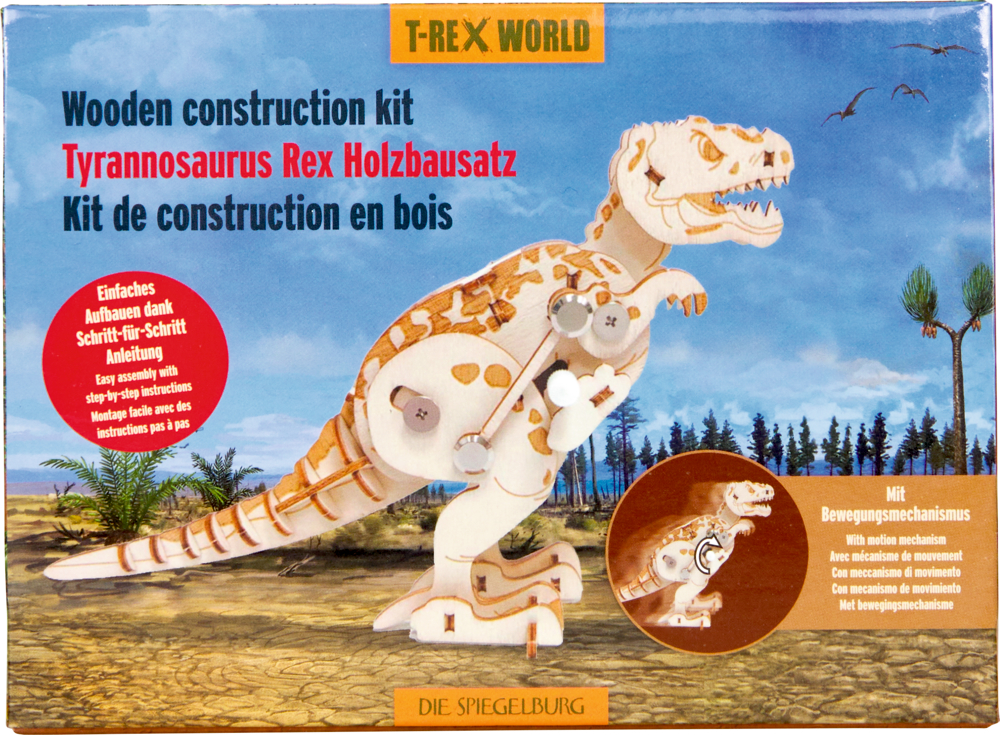 Holz Tyrannosaurus rex Bausatz in einer Schachtel.