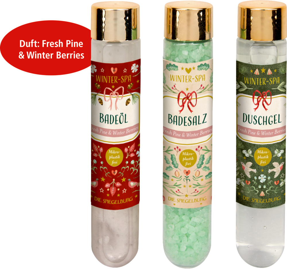 Winter-Spa-Set: Badeöl, Badesalz und Duschgel mit frischem Kiefern- und Winterbeerenduft präsentiert in Glasröhrchen mit goldenem Verschluss.