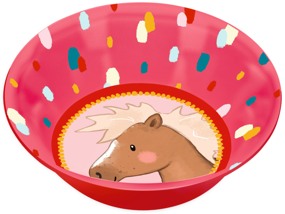 Schale - Mein kleiner Ponyhof Rote Schüssel mit einem niedlichen Cartoon-Pferd in der Mitte und dekoriert mit bunten Konfetti-Akzenten.