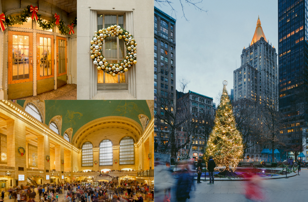 NYC-Collage mit Weihnachtsdekorationen: Weihnachtsbaum, Kranz und festliche Lichter.