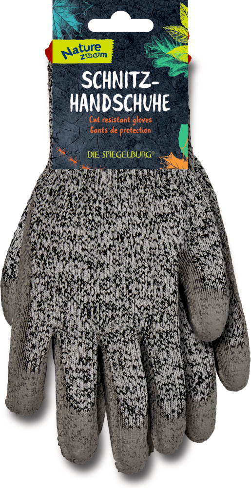 Schnitzhandschuhe Nature Zoom (ca. 20 x 10 cm) Graue schnittfeste Arbeitshandschuhe in einer Verpackung mit der Aufschrift „Schnitz-Handschuhe“.
