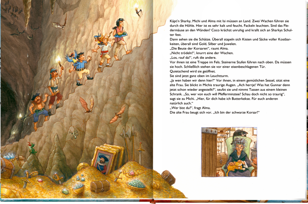 Kinder und Piraten laufen eine Höhlenwand hoch. Fackeln machen Licht. Unten ist ein üppiger Schatz mit Gold und Edelsteinen zu sehen.