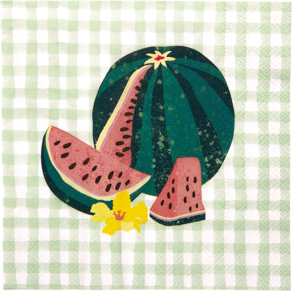 Eine ganze Wassermelone und mehrere Scheiben liegen auf einem grün-weiß karierten Hintergrund mit einer gelben Blume.