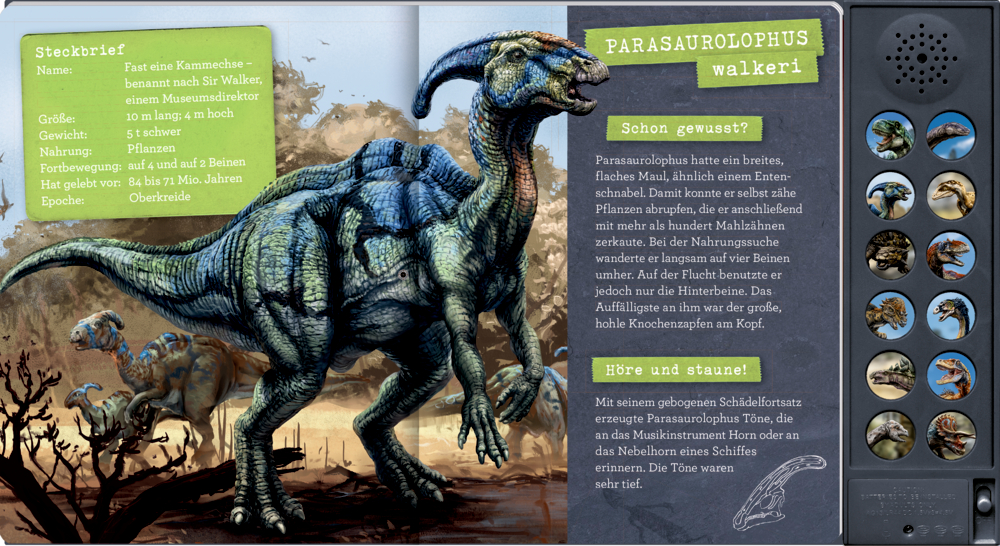 Parasaurolophus läuft auf zwei Beinen durch eine prähistorische Landschaft mit Bäumen unter einem bewölkten Himmel, eine Kurzinfo erscheint auf der linken Seite.