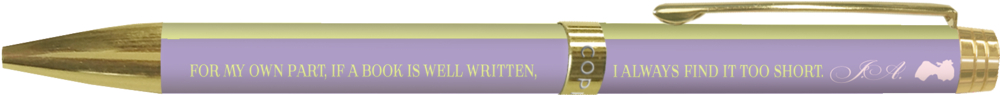 Stift in Gold und Lavendel und Gelb mit einem kleinen, in Gold gedruckten Zitat an der Seite.