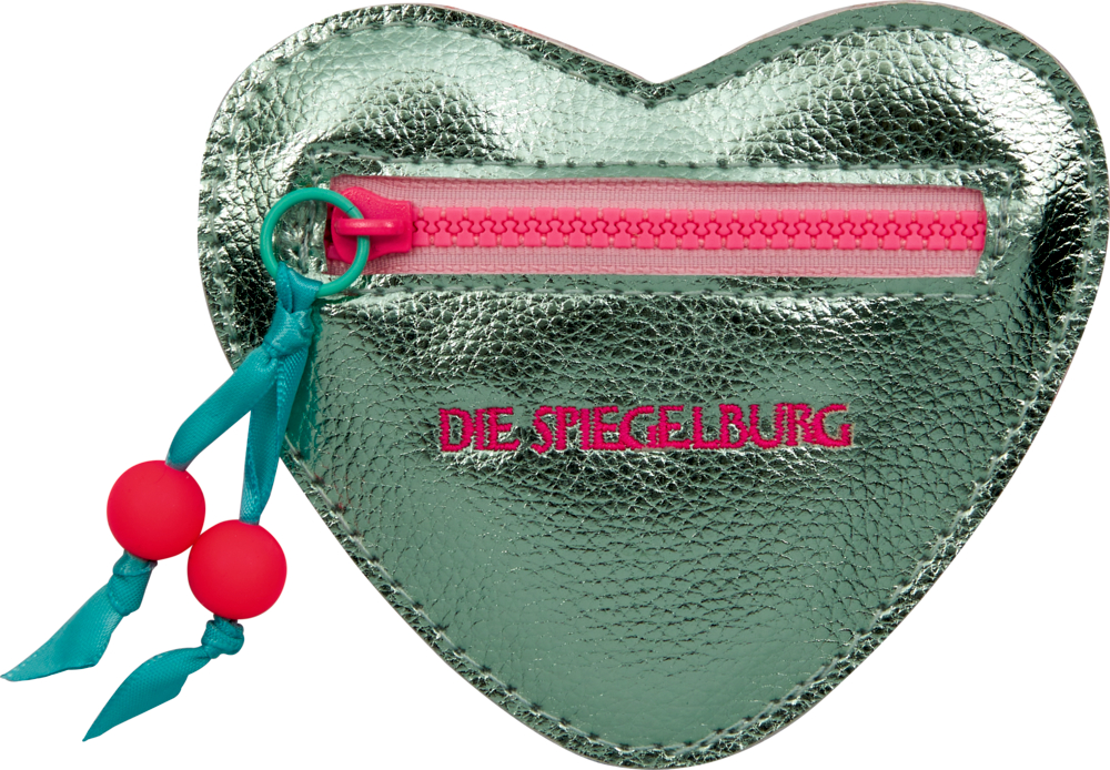 Metallisches herzförmiges Täschchen mit pinkem Reißverschluss, blauem Band und Die Spiegelburg Text auf der Vorderseite.