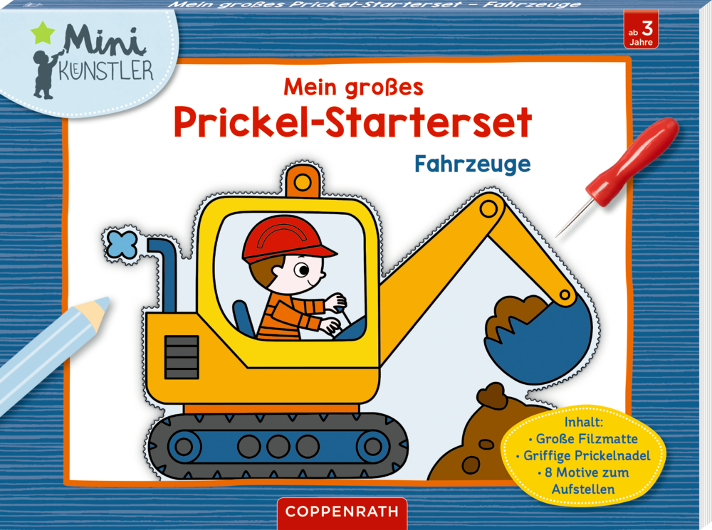 Mein großes Prickel-Starterset: Fahrzeuge - Mini-Künstler Kind im gelben Bagger auf der Prickel-Starterset Fahrzeuge Bastelbox.