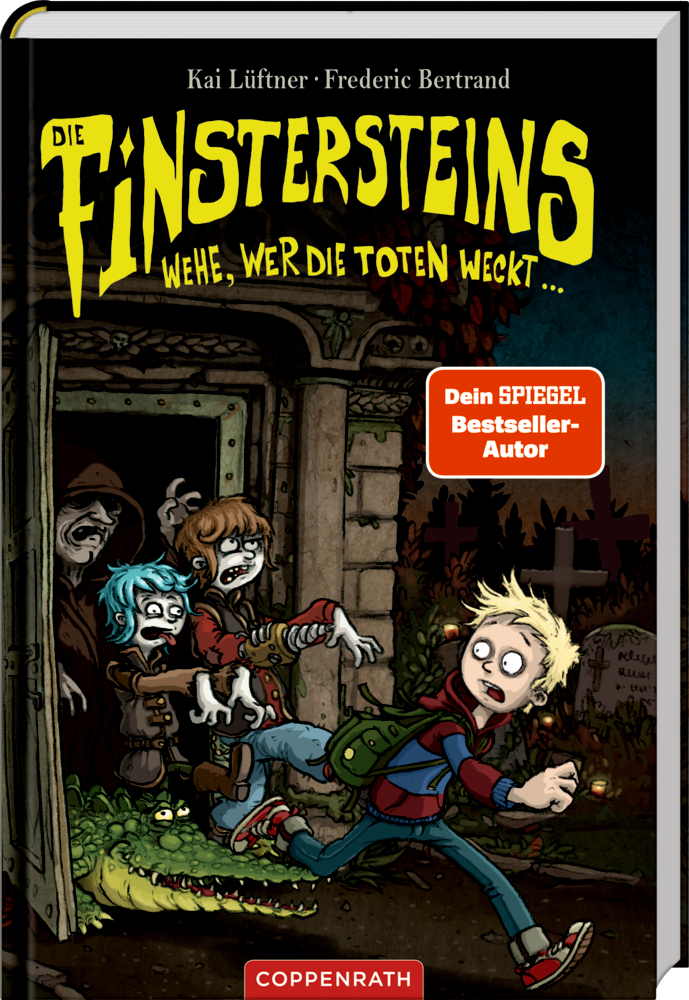 Die Finstersteins (Bd.1) - Wehe, wer die Toten weckt ... Buchcover mit einem verängstigten Jungen, der nachts vor Zombie-Kindern und einem Krokodil auf einem gruseligen Friedhof flieht.