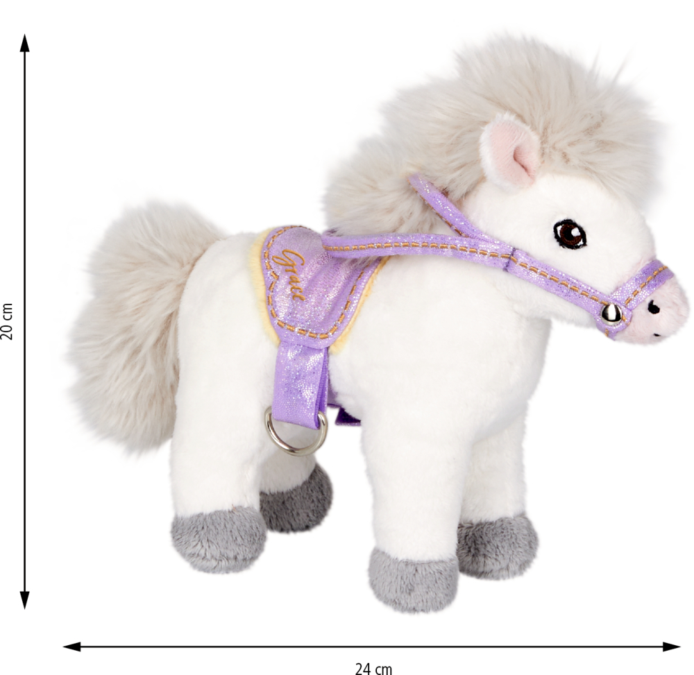 Weißes Plüschpony mit lila Sattel und Zaumzeug und den Maßanhaben 20 cm und 24 cm.