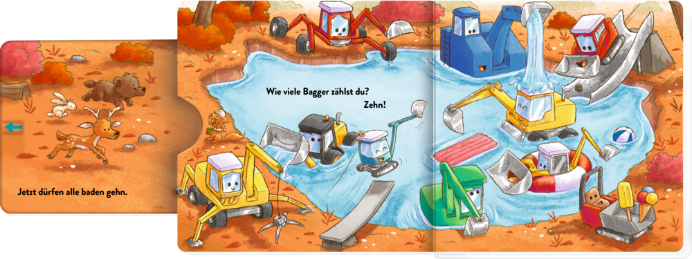 Cartoon-Bagger und Baufahrzeuge spielen in einem Teich, während Waldtiere vom Ufer aus zuschauen, auf der Doppelseite.