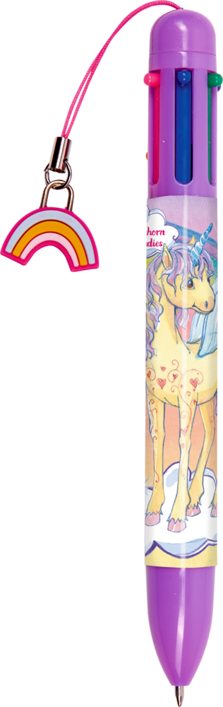 6-Farb-Kuli - Einhorn-Paradies Lilafarbener, mehrfarbiger Stift mit Einhorn-Design und einem Regenbogenanhänger.