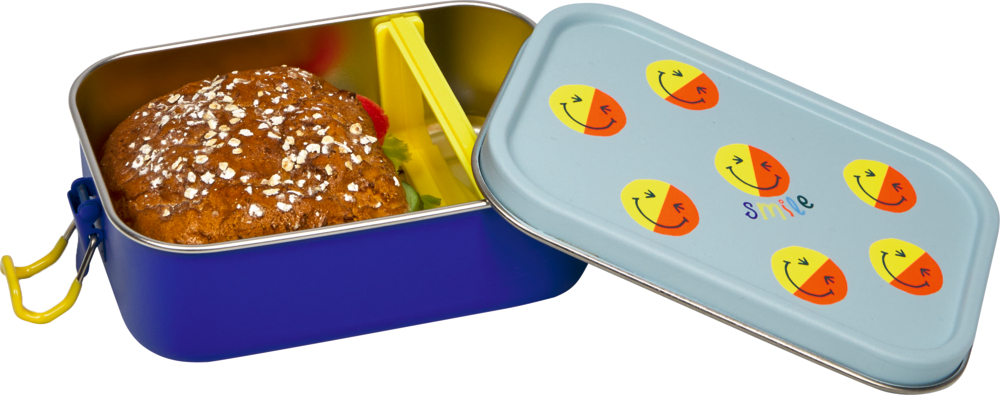 Blaue Lunchbox, Deckel ist teilweise geöffnet. Brötchen und bunte Smileys auf dem Deckel sichtbar.