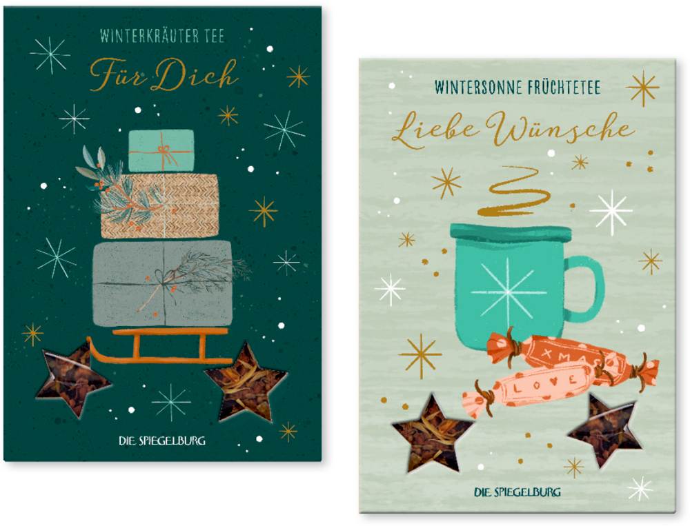 Zwei winterliche Teepakete mit Sternen, Geschenken, Tassen und deutschen Feiertagsgrüßen darauf.