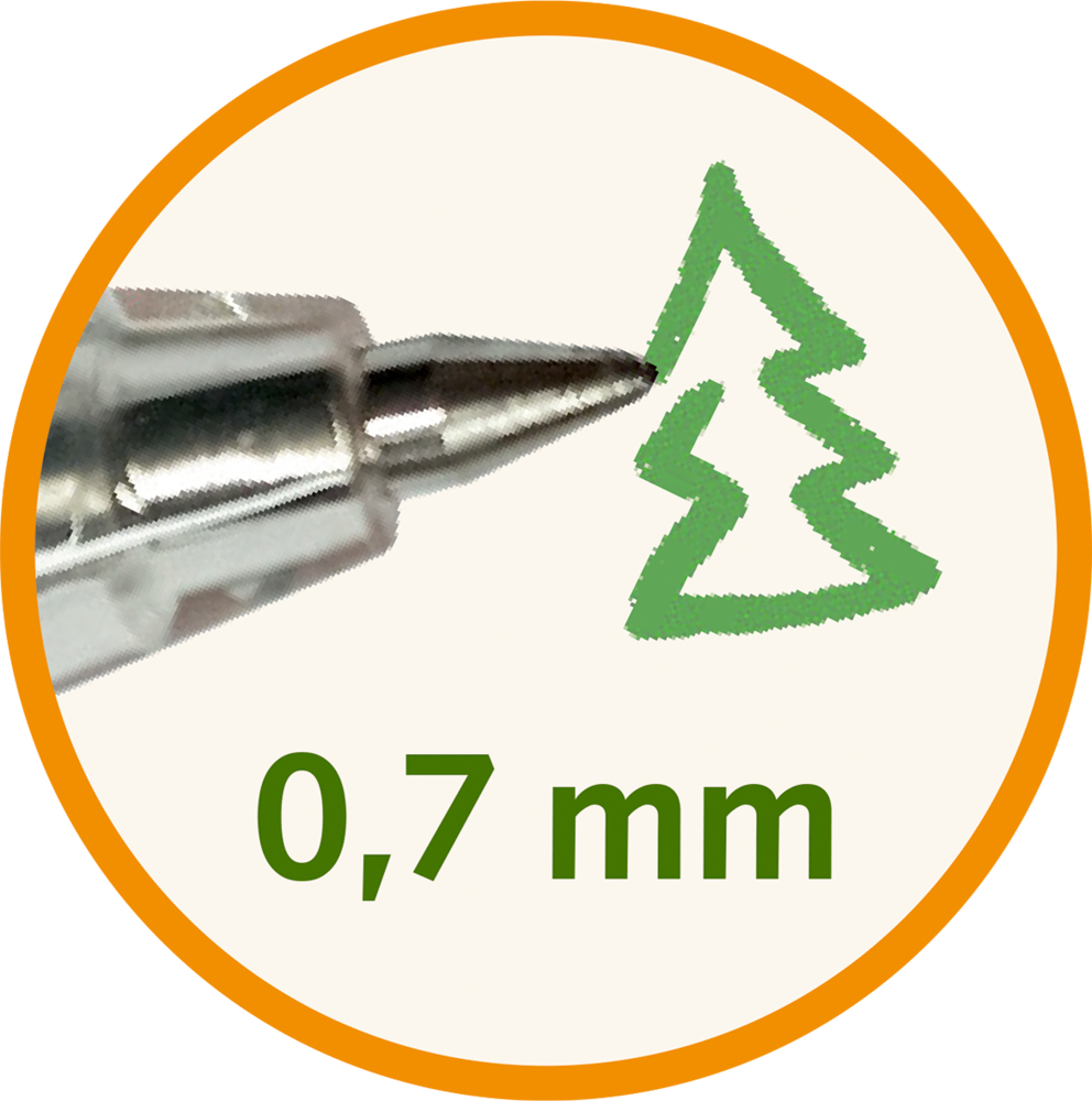 Stiftspitze malt mit grüner Tinte einen Tannenbaum und der Beschriftung zur breie der Spitze „0,7 mm“.