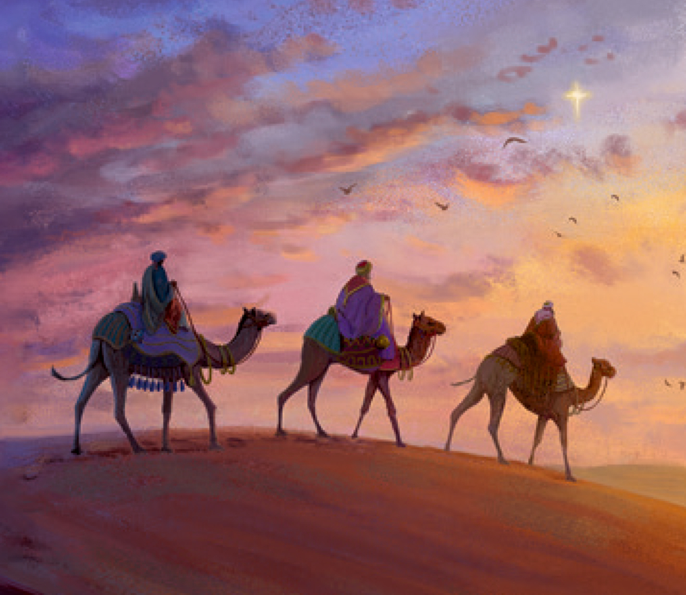 Drei Kamelreiter durchqueren bei Sonnenuntergang eine Wüste, geleitet von einem hellen Stern, der am Himmel leuchtet.
