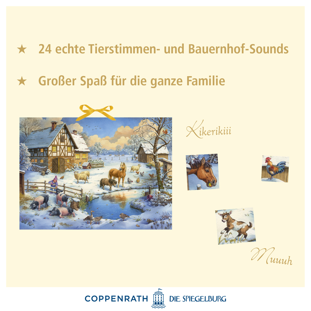 Verschneite Bauernhofszene mit Tieren und Bauernhaus, die Tier- und Bauernhofgeräusche für Spaß für die ganze Familie bietet.