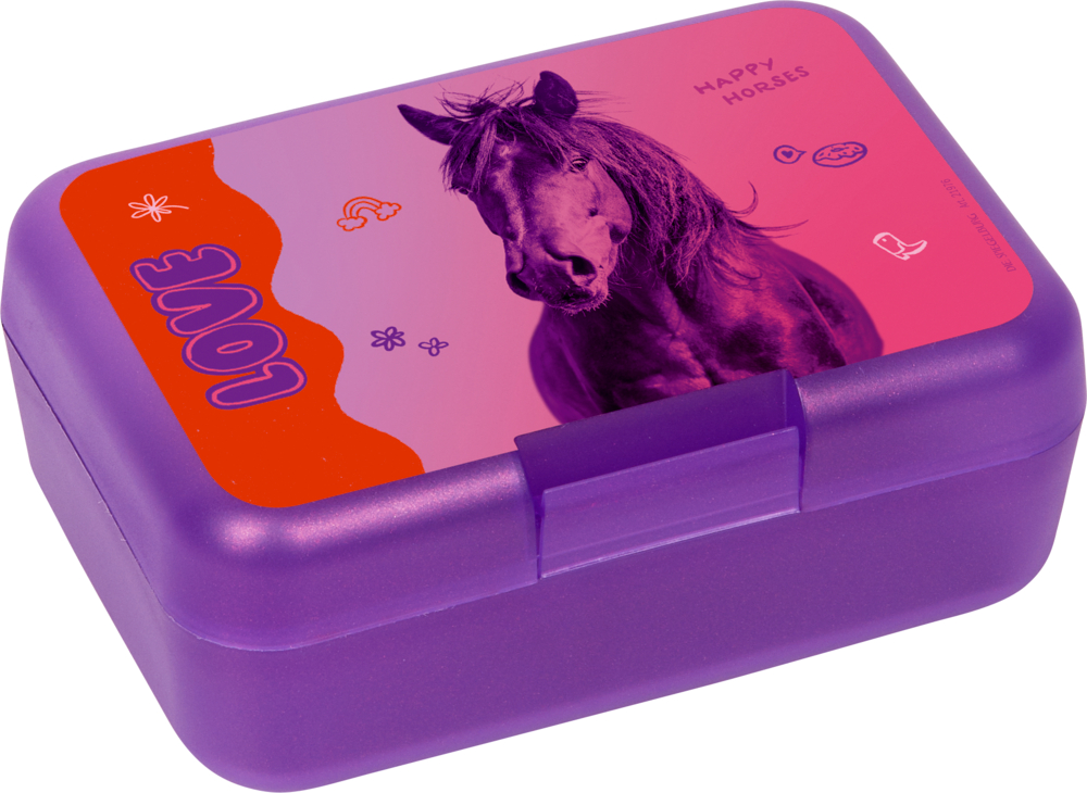 Butterbrotdose Love - I LOVE HORSES Lilafarbene Brotbox mit einem Pferdebild, dem Wort „LOVE“ und kleinen Kritzeleien auf dem Deckel.