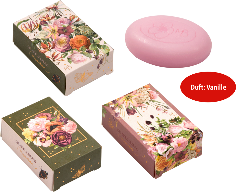 Rosa Seife mit drei Blumenschachteln, auf dem roten Etikett steht „Duft: Vanille“.