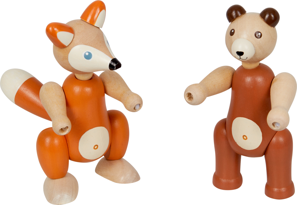 Zwei gegliederte Holztiere – ein Fuchs und ein Bär – stehen aufrecht.