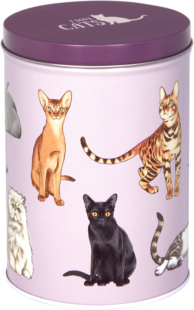Lilafarbene Dose mit verschiedenen Katzenillustrationen und einer Katzensilhouette auf dem Deckel.