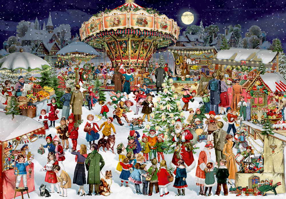 Menschen auf verschneitem Weihnachtsmarkt mit Ständen, Karussell, geschmückten Bäumen und festlich gekleideten Kindern.