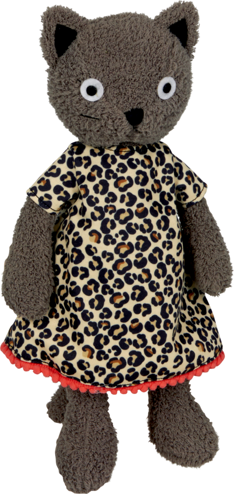 Plüschige graue Katze in einem Kleid mit Leopardenmuster und rotem Besatz am Saum.
