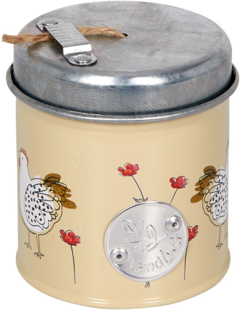 Gartengarn - LandLust (in Metall-Dose) Cremefarbene Dose mit Metalldeckel, Hühner- und Blumenmotiven und einem „LandLust“-Etikett aus Metall.
