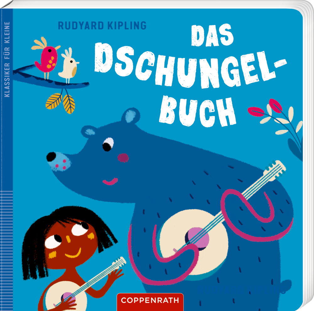 Klassiker für Kleine: Das Dschungelbuch Kind und blauer Bär spielen Gitarre, Vögel hocken auf einem Ast, auf dem Coverr von "Das Dschungelbuch".