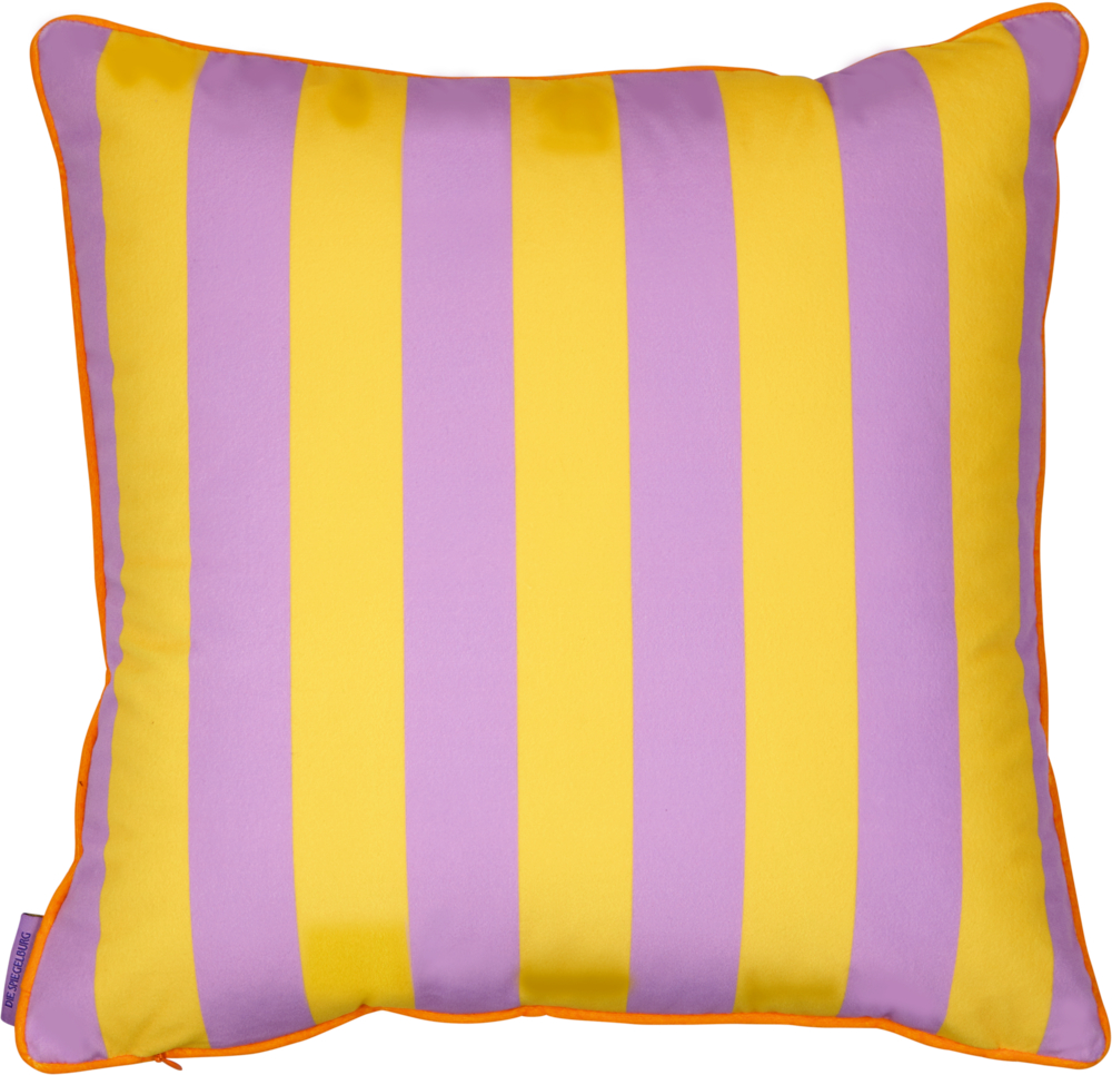 Quadratisches Kissen mit vertikalen gelben und lavendelfarbenen Streifen, mit orangefarbener Paspelierung an den Rändern.