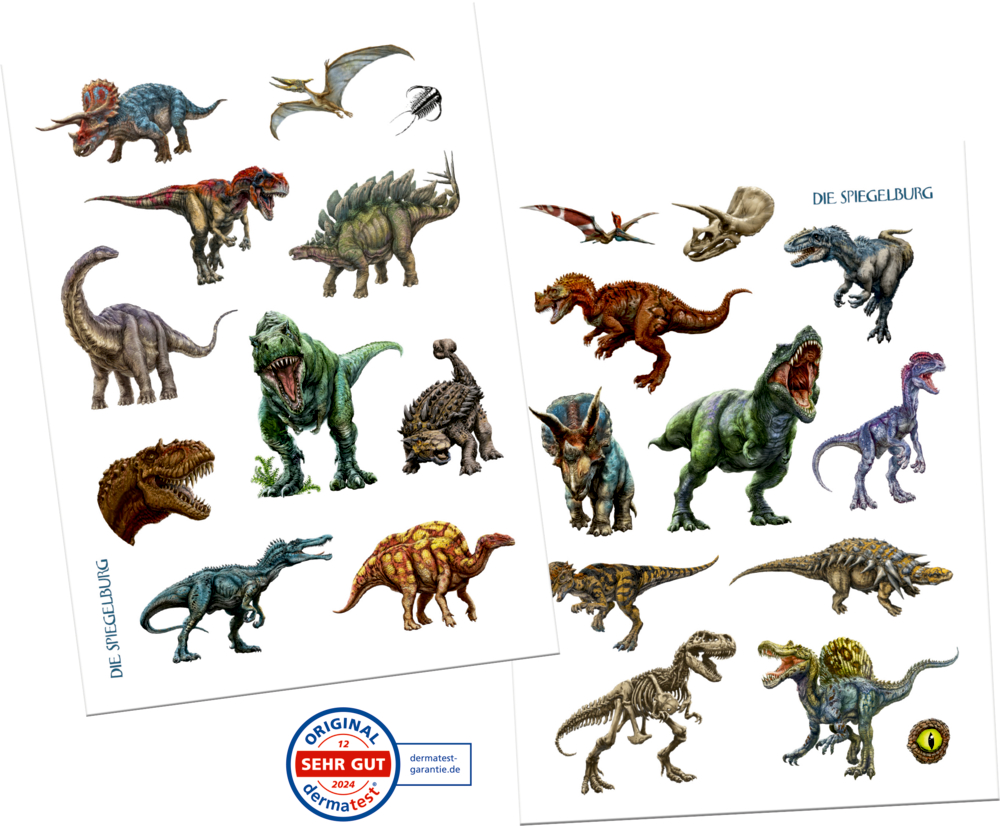 Zwei Bögen mit Dinosaurier-Tattoos verschiedener Arten in unterschiedlichen Posen und leuchtenden Farben.