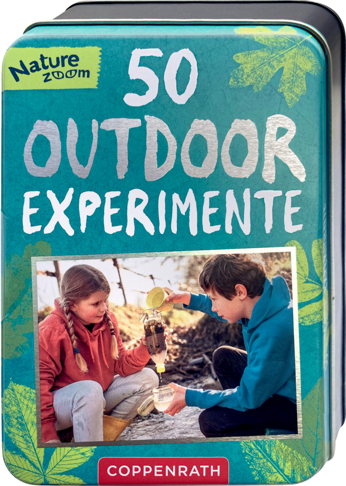 50 Outdoor-Experimente - Nature Zoom (Blechdose) Blechdose „50 Outdoor-Experimente“ mit Foto von zwei Kindern beim Natur-Experiment.