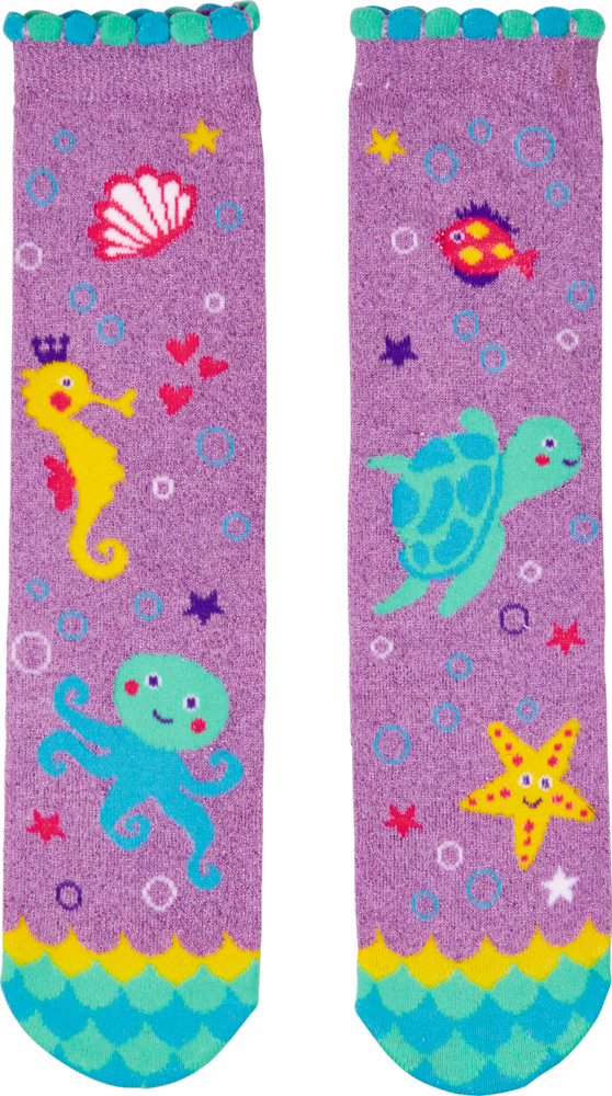 Magic Socks - Nella Nixe Lila Socken mit Meeresbewohnern verziert – Schildkröte, Seepferdchen, Krake, Fisch und Seestern.