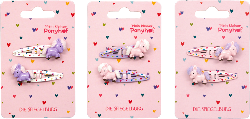 Drei Karten mit Pony-Haarklammern vor buntem Herz-Hintergrund, jede Karte enthält zwei Haarklammern mit Pony-Motiven.