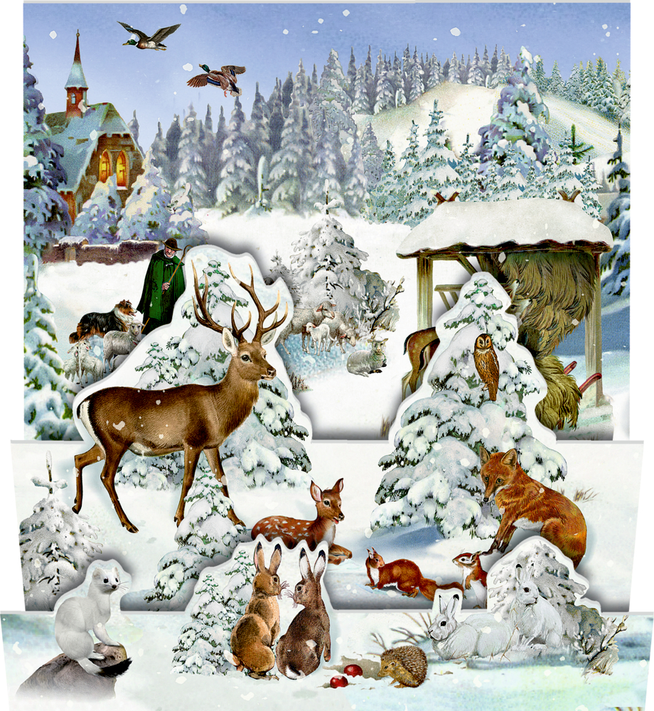 Tiere und Vögel des Winterwaldes im Schnee, im Hintergrund sind Bäume, eine Kirche und eine Person zu sehen.