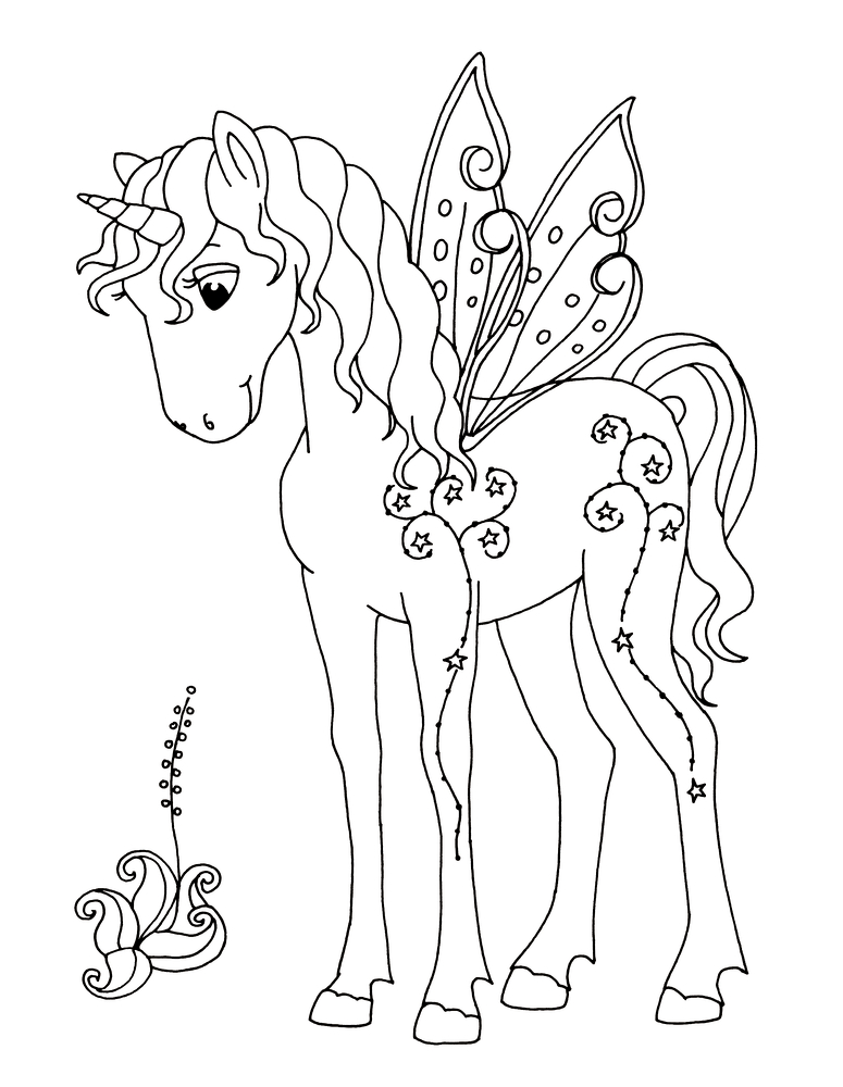 Ein Einhorn mit Flügeln und Sternzeichnungen steht neben einer kleinen Blume.
