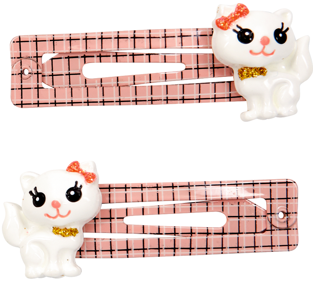 Zwei rosa karierte Haarspangen, jede mit einer süßen weißen Katze mit einer Schleife und einem glitzernden goldenen Kragen.