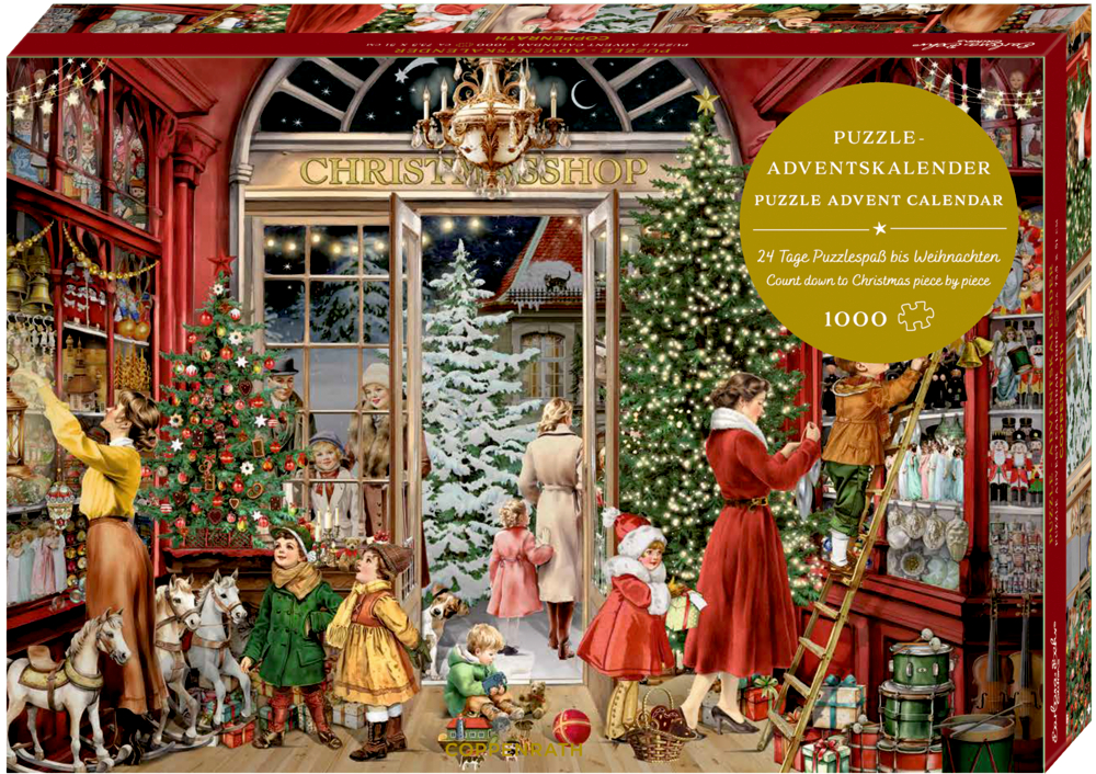 Puzzle-Adventskalender mit nostalgischer Weihnachtsszene in einem festlich geschmückten Spielzeuggeschäft.