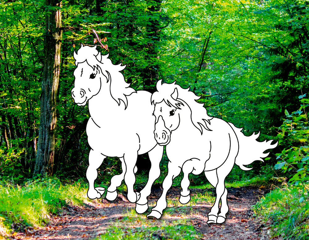 Zwei Ausmalpferde laufen Seite an Seite auf einem fotografierten Waldweg, umgeben von üppigen grünen Bäumen.