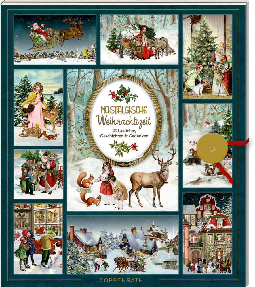 Adventskalender im Vintage-Stil mit weihnachtlichen Szenen: Tiere, Kinder, Weihnachtsmann und verschneite Dorfhäuser.