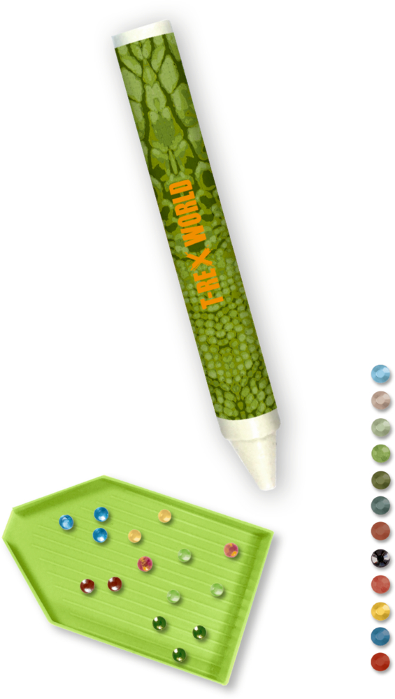 Dicker, grüner Stift und kleines, grünes Tablett mit bunten Glitzersteinen.