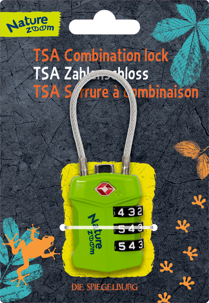 TSA-Zahlenschloss - Nature Zoom Grünes Nature Zoom TSA-Schloss, Kombination 5-4-3, in Markenverpackung mit orangefarbenen und blauen Akzenten.