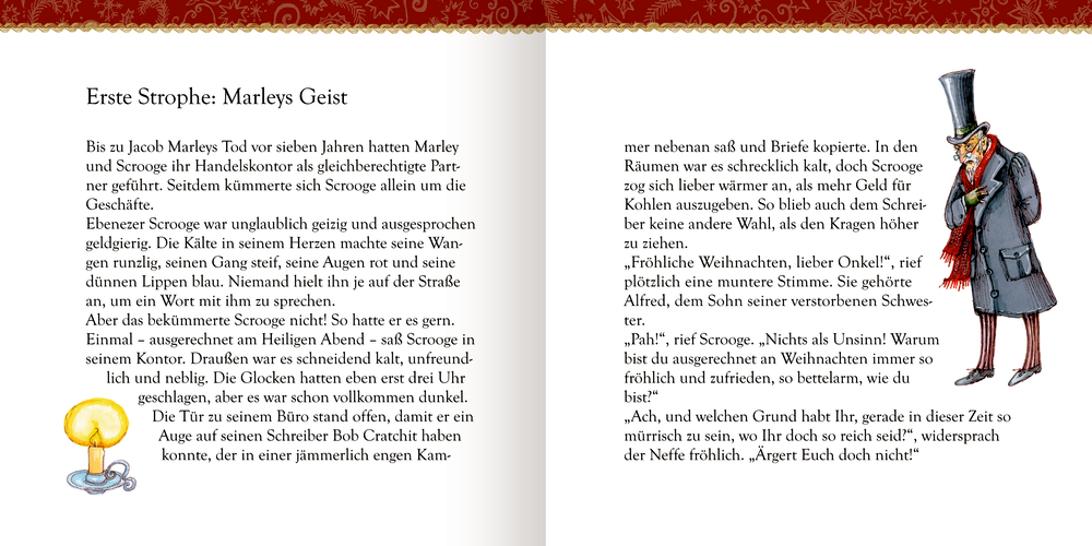 Offenes Buch mit Text und Illustration eines großen Mannes im Mantel und Zylinder, der einen Stock hält.
